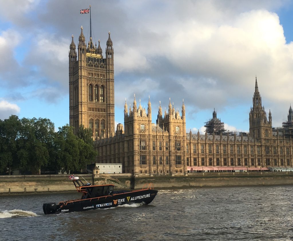 The Aluventure 11000XE on the River Thames outside the House of Parliament which is powered by two OXE Diesel outboard engines. It completed a 4,000km round trip from Oslo to Seawork in Southampton, London, Scotland and back. 